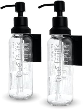 Thrid Seifenspender Aufsätze Set für 250ml True Fruits Glas Flasche Pumpspender Spülmittelspender Wandmontage ohne Bohren Wandhalterung Wandbefestigung Bad & Küche Duschgel Spender schwarz 2 Stück