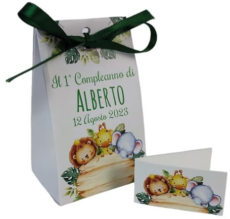 PV Grafik® 16 PZ Scatola Portaconfetti personalizzata con nome e data | Bomboniera portaconfetti nascita, battesimo, compleanno con nastrino per chiusura incluso (Nica 26)
