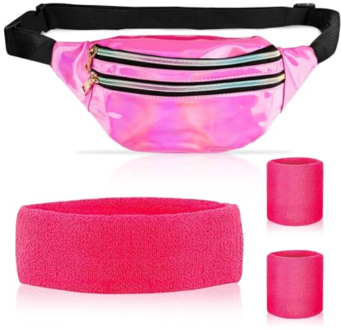 LGZIN 80er Jahre Outfit Damen Set Accessoires, 80er Jahre Kleidung Damen Set, Kleidung Pinke Set Sportlicher Stil mit Bauchtasche, Schweißband pink Set mit Stirnband für 80er 90er Karneval Neon Party