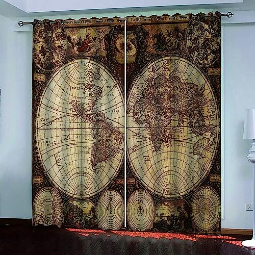 2-Teiliges Set Digital Bedruckte Verdunkelungsvorhänge Vintage Weltkarte Für Schlafzimmer, Wohnzimmer, Esszimmer, Kinder, Jugendzimmer, Fenster Vorh