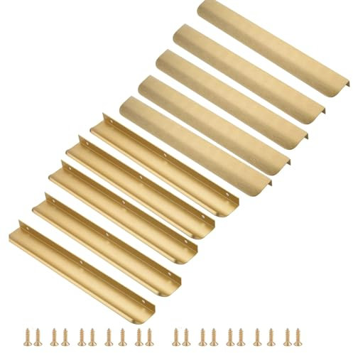 10 Piezas Tiradores de armario Invisibles Tiradores de Muebles Manijas de Cocina Ocultas, Tiradores de Puerta de Cajón Manijas Ocultas Para Muebles de Cocina ，Mesitas de Noche-Largo total 300MM,Dorado
