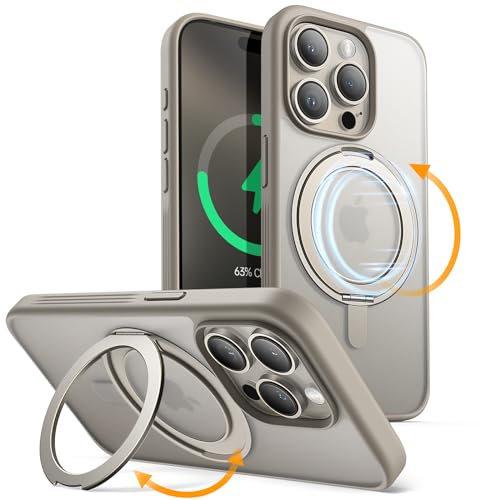 JETech 360 Grad Drehbare Ring Hülle für iPhone 15 Pro Max 6,7 Zoll Kompatibel mit MagSafe, Dünn Stoßfeste Handyhülle mit Ständer & Ring Halter (Titan Natur)