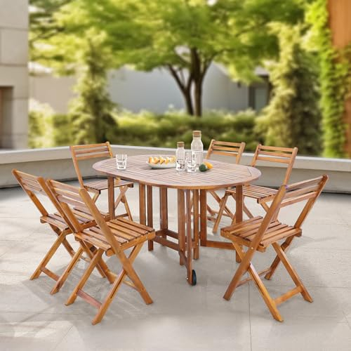 [en.casa] Muebles de Terraza con 1 Mesa de Comedor 6 Sillas Plegables Conjunto de Muebles de Jardin Exterior 7 Piezas con Abertura para Sombrilla Madera de Acacia 74 x 150 x 90 cm - Natural