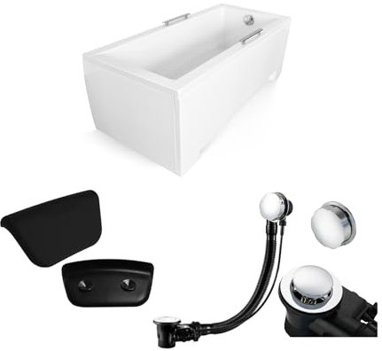 KOLMAN KOMPLETTSET 5in1 Acryl Weiß Wanne Badewanne Rechteck 180x80 cm MODERN Made in EU + AcrylSchürze + Badkissen KODI in Schwarz, mit Premium Ablaufgarnitur in Chrom & Wannenfüße