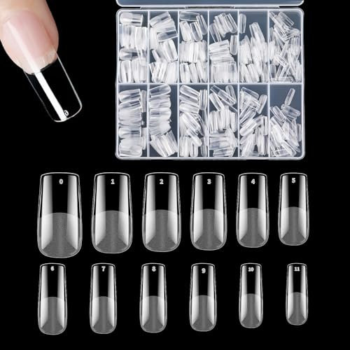 504Pcs Long Square Nail Tips Pre-Filed Half Matte Press on Square Gel X Tips Acrylic Full Cover Clear Fake Square Nail Tips for Nail Extensions