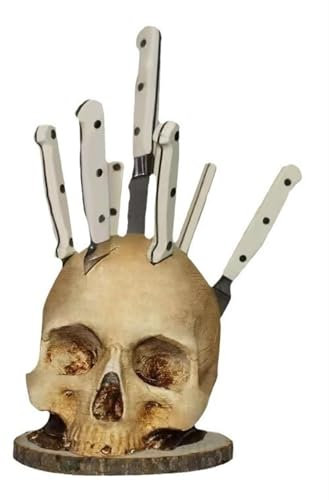 SOKTDO Skull Knife Holder For Kitchen Halloween Resin Skull Knife Block Without Knives Scary Party Fruit Storage Rack Skeleton Decoration