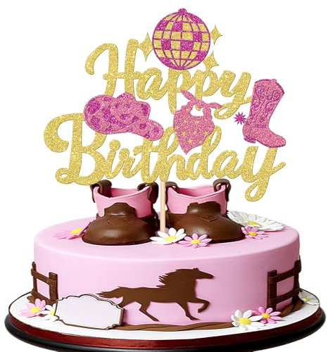 Xsstarmi 1 Pack Cowgirl Happy Birthday Cake Topper Glitter Western Cowgirl Birthday Cake Pick Hat Boot Disco Cowgirl Cake Decorations for Western Cowgirl Rodeo Theme Girls Birthday Party Supplies Gold
