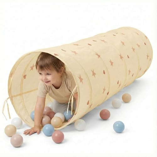 SELONIS Pop-Up Tunnel Für Kinder Mit 100 Bälle Faltbarer Spieltunnel Flexibel Krabbeltunnel, Hellbeige: Pastellbeige/Pastellblau/Lachsfarben