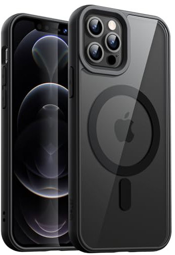 JETech Magnetisch Hülle für iPhone 12/12 Pro 6,1 Zoll Kompatibel mit MagSafe, Stoßfest Stoßfänger Handyhülle, Solid Farbe Matte TPU Rahmen, Anti-Kratzer Transparent Rückseite (Schwarz)