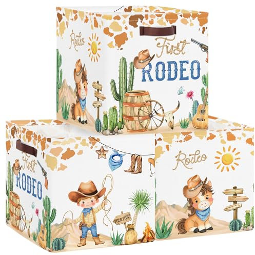 Clastyle Juego de 3 Cubos de Almacenamiento Vaqueros Retro Caja Organizadoras de Almacenaje Juguetes Libro para Infantil Cubo de Almacenaje Armario para Ropa Niño, Caballos, 30x30x30 cm