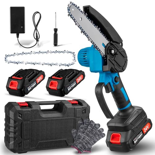 Mini Chainsaw 6 Inch, Electric Chainsaw Cordless, Battery Powered Chain Saw, 2pcs Batteries, 2 Chains, Small Handheld Garden Saws with Safety Lock and Strong Motor for Tree Branch Wood Cutting