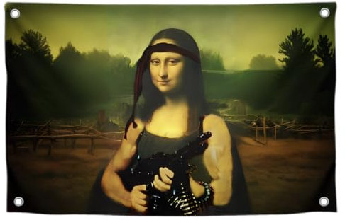 Tapisserie-Flagge Mona Lisa mit Maschinengewehr mit vier Messingösen, coole Flaggen für Dekoration, Jungenzimmer, lustiges Pistolenbanner für Wanddekoration, Wohnzimmer, Party-Dekorationsposter für