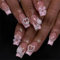 24PCS Long Square French False Nails - Fake Nail with 3D Bow White Pearl Heart Nails Tip with Glue - Stick on Nails French Nail Tips for Women Girls Valentines Day Nails Art(Pink White Flower)
