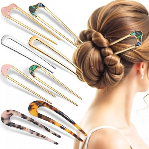 8 Stück U Förmige haargabel Groß Haarspange Metallspange Acetat Haarnadeln Groß French Pin Dutt 2 Zinken Haarnadel Dutt Haarstäbe Damen Frisur Zubehör Hairpin Haarspangen Mädchen