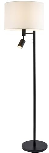 Happy Homewares Modern Designer Black Floor Light with Off-White Cotton Fabric Shade | 11w and 5w | Adjustable LED Spot Reading Light | 152cm x 40cm