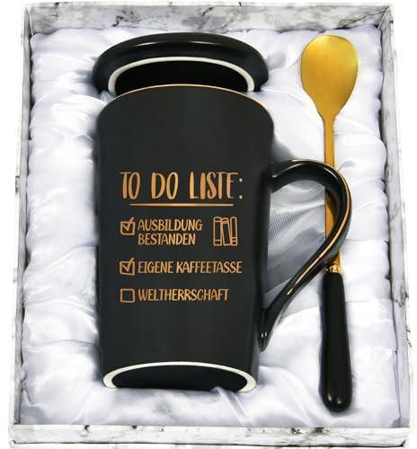 CHUIN DRUCK Prüfung Bestanden Geschenk Tasse - To Do Liste Ausbildung Bestanden Geschenk Abschluss Geschafft Ausbildung Kaffeetasse Lustige Geschenke für Bestandene Prüfung, 400ml Schwarz