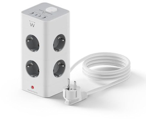 Ewent Regleta Vertical Enchufes 12 en 1 (3680W/16A), Torre Regletas Enchufes 2 USB-C y 2 USB + 8 Tomas con interruptores, Proteccion Sobretension, Cable 2M, para Hogar y Oficina, Blanco/Gris