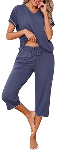 Uniexcosm Women's Pyjama Sets Summer Pyjamas Short Sleeve | Cute Printed Top and Pants Ladies Cotton Pyjamas with Pockets Drawstring Pjs Sets Sleepwear Nightwear Loungewear for Women