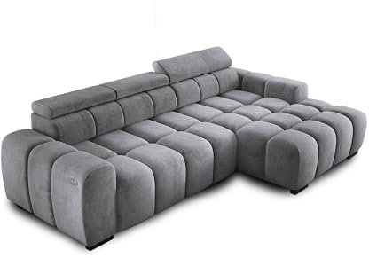 Ecksofa OMBO 285x168x77/97 cm, Rechte Seite Mit Schlaffunktion, Elektrisch Ausziehbarer Sitzfläche, Verstellbaren Kopfstützen, Dunklen Buchenholzfüßen, Hydrophobem SALVADOR-Bezugstoff - Silber