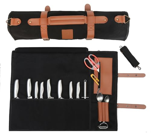 Pargana Chef’s Knife Roll Bag | Leather Knife Roll Bag | Waxed Canvas & Zippered Cover | Adjustable Strap with 9 knives Slots, Extra Storage & Pocket (Black)