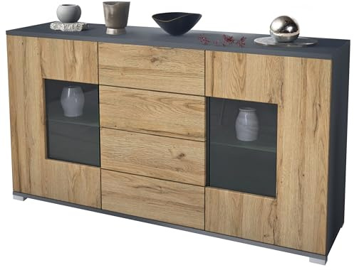 Vladon Sideboard Grömitz V1, Kommode mit 2 großen Türen und 4 Schubladen, Anthrazit matt/Eiche Natur (138,5 x 75,5 x 35)