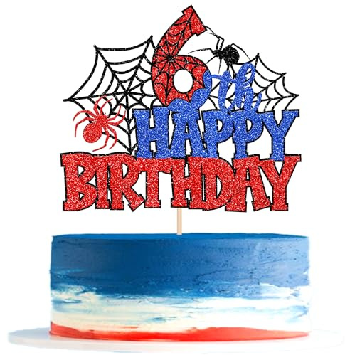 SYKYCTCY 1 Pack Happy 6th Birthday Cake Topper Glitter Spider Web Cheers to 6 Years Six Birthday Cake Pick Superhero Spider Party Decorations for Boys Girls Party Cake Decorations Supplies