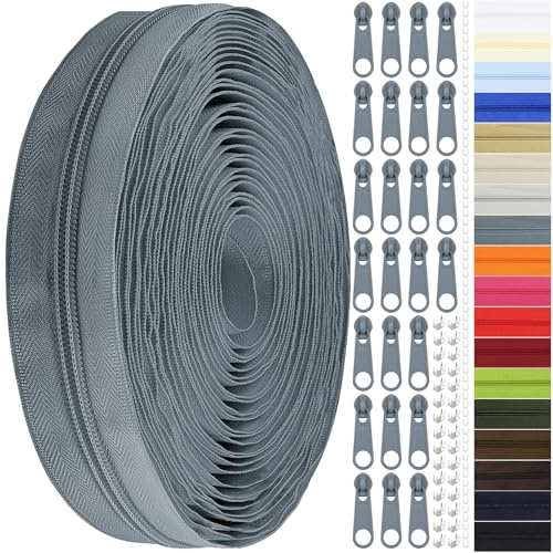 Endlos Reissverschluss mit Zipper, 3mm 11m Nylon Endlosreißverschluss Meterware und 25 Zipper aus Metall für Kleidung Tasche Mäppchen Bettwäsche (Dunkelgrau, #3)