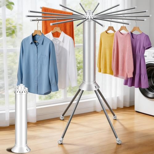 WUDLEP 360° Rotating Octopus Clothes Drying Rack with Universal Wheels, Foldable and Expandable Clothes Airer with 16 Rods, Compact Portable Drying Rack for Home