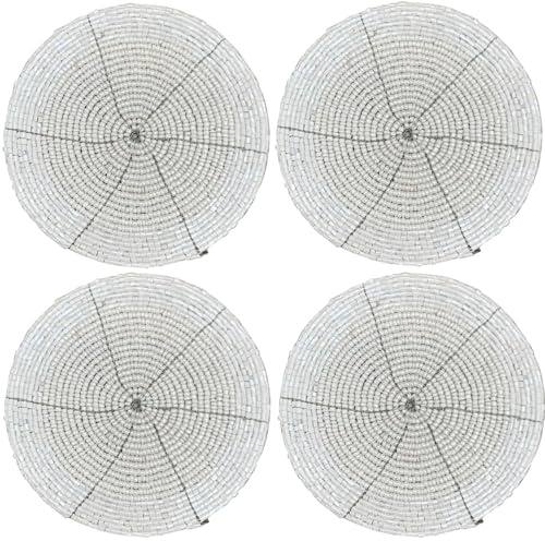 MACOSA EX2591 Glasuntersetzer 4 Stück rund Perlen Weiß 10 cm Untersetzer Tischuntersetzer Tischdeko Festliche Deko Tischaccessoire (Weiß)