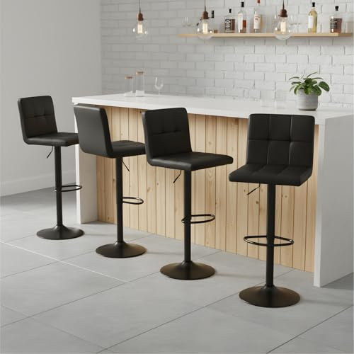 GOKHOMX 4er-Set Barhocker Höhenverstellbar mit Lehne, Drehbare Barhocker Küche mit Fußstütze, Barstühle Kunstleder, Robuster Metallrahmen, küchenstühle für Insel, Küche, Esszimmer, Bars, Schwarz