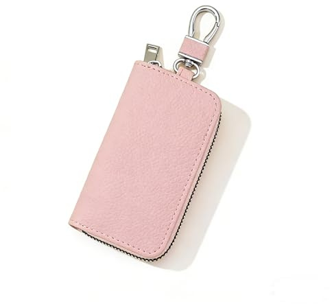 Schlüsseletui Leder Damen und Herren,Multifunktionale Schlüsselmäppchen,Reißverschluss Schlüsseltasche,Geldbeutel mit 5 Schlüsselhaken (Rosa)