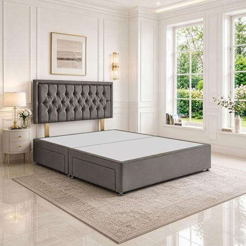 SANA SLEEP Reinforced King Size Bed Set – 5FT Grey Linen Divan with Anti-Slip Fabrics and Stylish Headboard – Quality Craftsmanship Made in the UK