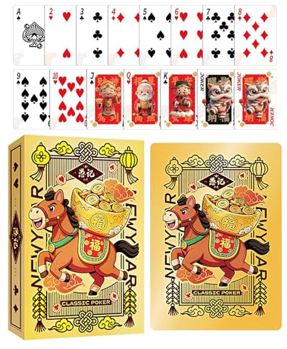 New Year Playing Cards, Year of the Horse Props, 54 Card Set, Regular 5.8x8.7cm, Large 8.6x16.6cm, for Family, Birthday, Parties, Gatherings, Travel, Camping, Bars, Clubs, Kids, Teens, Adults, Magicia