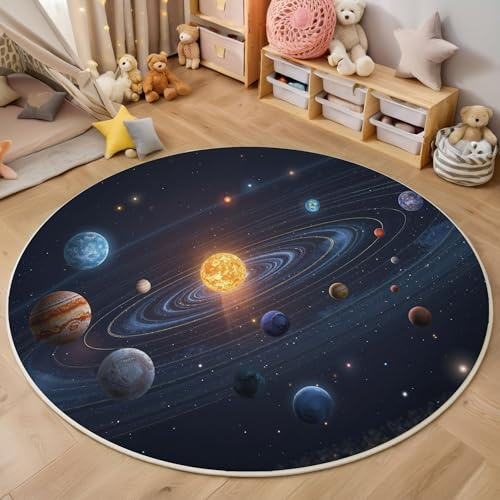 HASLEFND Kinderzimmer Rund Kunstwolle Teppich Schlafzimmer Universum Galaxie Planeten im Sonnensystem Weicher Waschbarer Kinder Teppich Gelb Blau Junge Mädchen Kurzflor rutschfest, 100cm Rund
