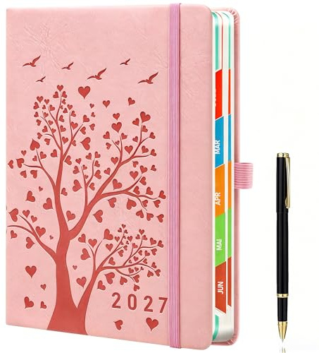 Tagesplaner 2027 A5 Rosa – Kalender 2027 täglich 1 Tag pro Seite, Terminplaner 2027 täglich mit Herzbaum Design, Buchkalender 2027, Geschenk für Frauen, Hardcover, 100gsm Papier