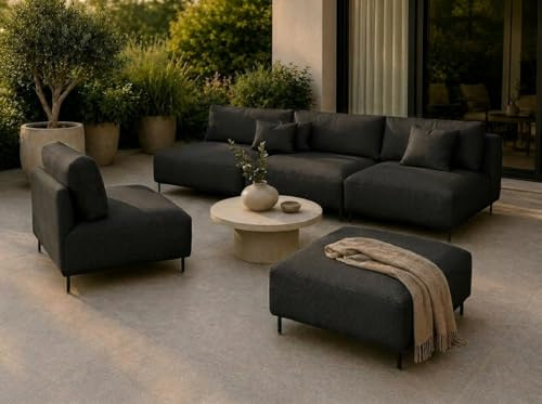A&J MöbelLand Outdoor Lounge Set Sun mit Sofa, Sessel und Hocker in Schwarz - Wetterfestes Gartenmöbel Set für Terrasse, Balkon und Garten