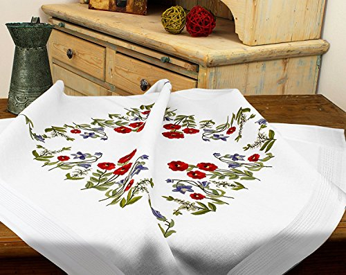 KAMACA Stickpackung Plattstich Stielstich vorgezeichnet Baumwolle komplettes Stickset mit Stickvorlage Stickerei-Kit zum Selbersticken Erwachsene (Mohnblumen – Wiese MD 80x80 cm)