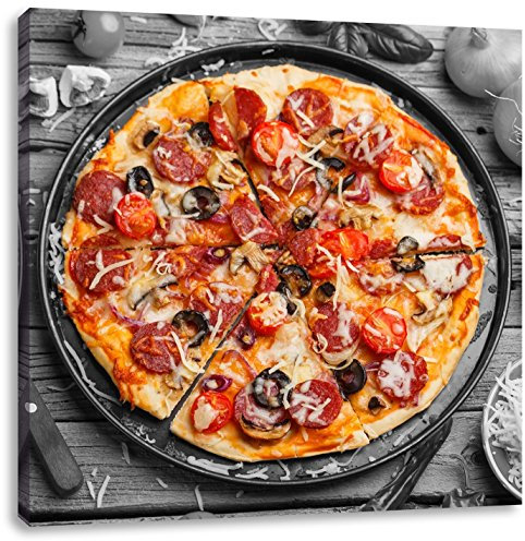 Pixxprint Pizza auf Pizzablech, Größe: 60x60 cm, Leinwandbild Quadratisch, Wandbild, Kunstdruck, fertig bespannt