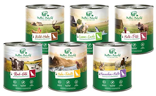Müllers Naturhof - Mix - 6 x 800 g - Nassfutter für alle Hunderassen - getreidefrei und glutenfrei - mit Gartengemüse und Wiesenkräutern - naturnahe Rezeptur mit 65% Fleisch