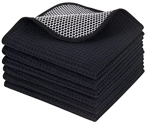 KinHwa Mikrofasertücher Schwarz Waffeltuch Küchentücher Saugfähige und weiche Geschirrhandtücher Strapazierfähige und fusselfreie Küchenhandtücher Waffelstruktur mit der Scheuerseite 6 Stück 30x30cm