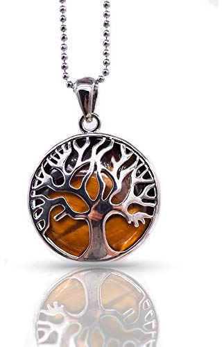 Thajaling Collier Reiki avec pendentif arbre de vie en argent et pierre œil de tigre - cristaux pierres à chakra