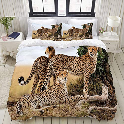 TESCCI Bedding Bettwäsche-Set,Geparden bemuttern und das Baby mit Zwei Jungen, das nach gefährlichem exotischem Animals des Lebensmittels sucht,Mikrofaser Bettbezug und Kissenbezug - (135 x 200 cm)