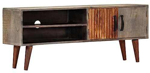 vidaXL TV Cabinet – Grey, 130x30x46 cm, Solid Rough Mango Wood, Modern Design, 2-Door Compartments, Polished & Painted Living Room Furniture