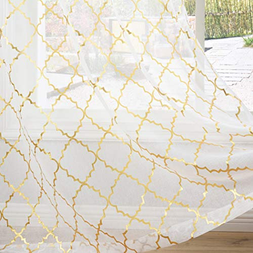 Kotile White Net Curtains for Bedroom - Metallic Gold Foil Geometirc Moroccan Tile Printed Sheer Curtains 90 Drop Eyelet Window Treament Semi Transparent Voile, 66 x 90 Inch Drop, 2 Panels