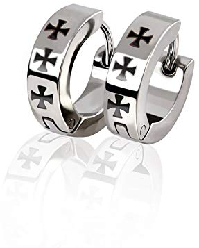 BlackAmazement 2er Set 316L Edelstahl Klapp Creolen Ohrringe Kreuz Cross Templer silber schwarz Biker Herren (Silber)