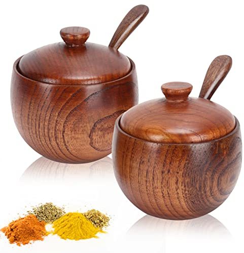 Cyrank Wood Salt or Spice Box with Cover and Spoon,Salt Pepper Spice Box Cellars Salt and Pepper Pots Condiment Container Seasoning Box Set,Wooden Spice Jar,Seasoning Container Cooking Utensil