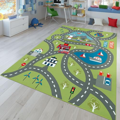 TT Home Kinderzimmerteppich Teppich Junge Mädchen Kinderteppich Baby rutschfest Straße, Farbe:Grün, Größe:160x220 cm