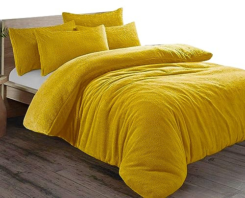 Pinkfairy® Plain Teddy Fleece Duvet Cover Quilt Bedding Set With Pillow Cases, Warm Cozy Super Soft Fluffy Luxury Design Bedset Reversible Easy Care (King, Ochre)