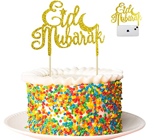Eid Mubarak Tortenaufsatz Gold Glitzer Cupcake Topper Ramadan Muslim Hajj Eid Dekor für Eid Party Islam Kuchendekorationen 15 x 20 cm