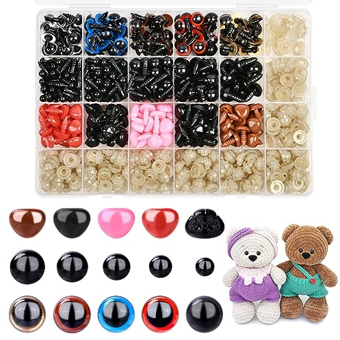 OSDUE 752 Stück Kunststoff Knopfaugen, Sicherheitsaugen aus Kunststoff, 5-12mm Sicherheitsaugen und Sicherheitsnasen, Augen für Häkeltiere mit Unterlegscheibenfür Puppe, Plüschtier, Teddyaugen